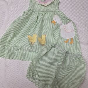 Petit Ami Green Striped Dress with Yellow Duck Appliqué